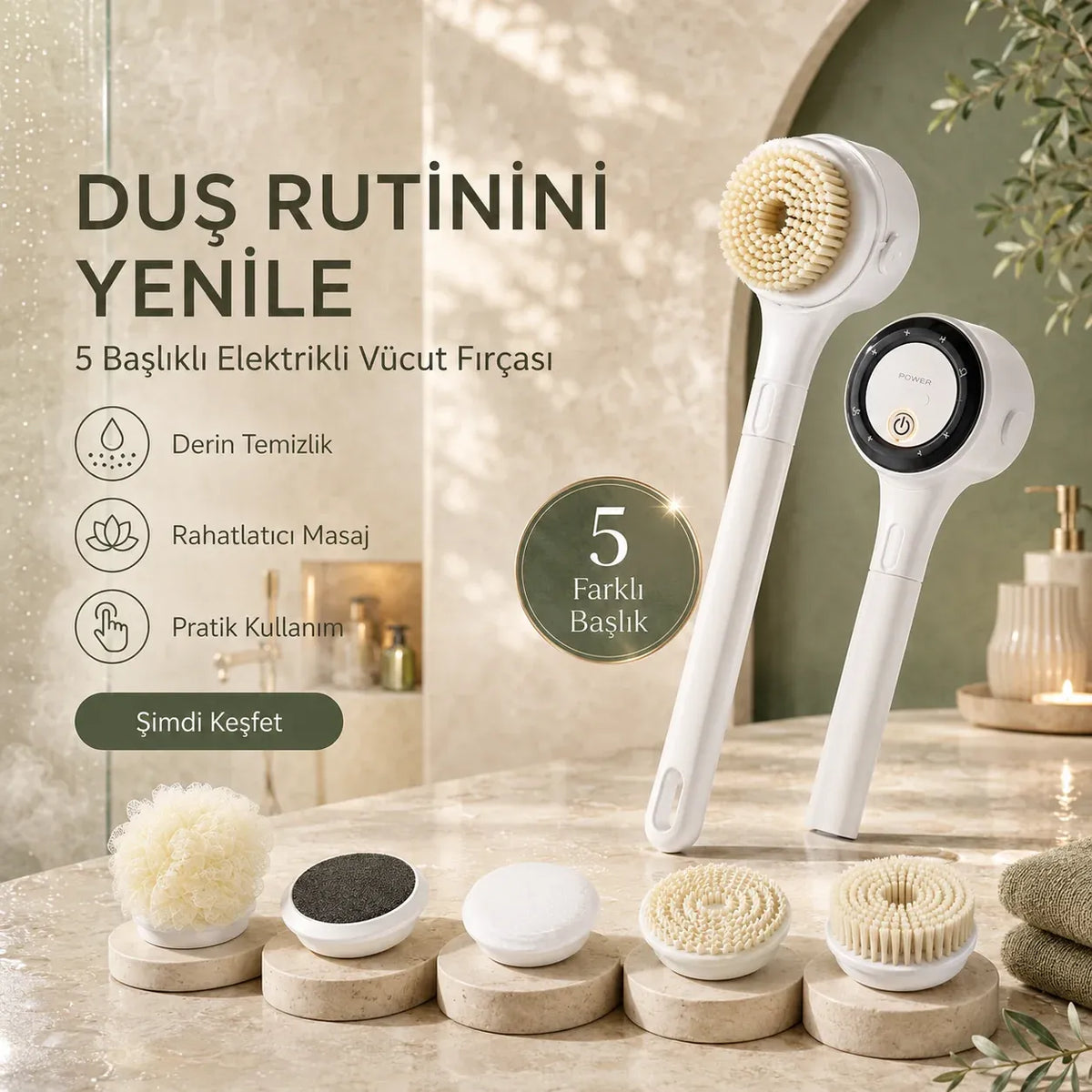 Mirelle Rolesta® 5 Başlıklı Şarjlı Duş Fırçası